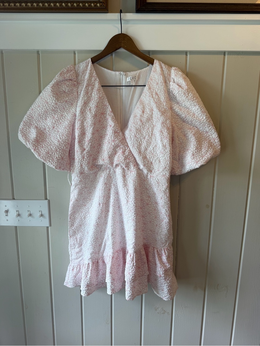 TCEC Pink Textured Puff-Sleeve Mini Dress, Size Large